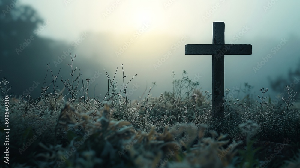 a cross in a field with a foggy sky in the background