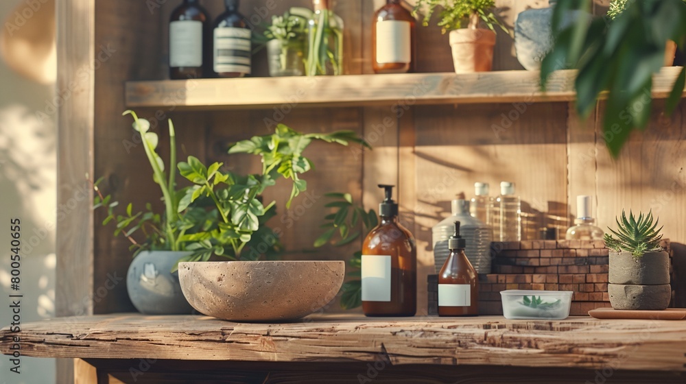 a wooden table topped with bottles and plants next to a shelf a wooden table topped with bottles and plants next to a shelf