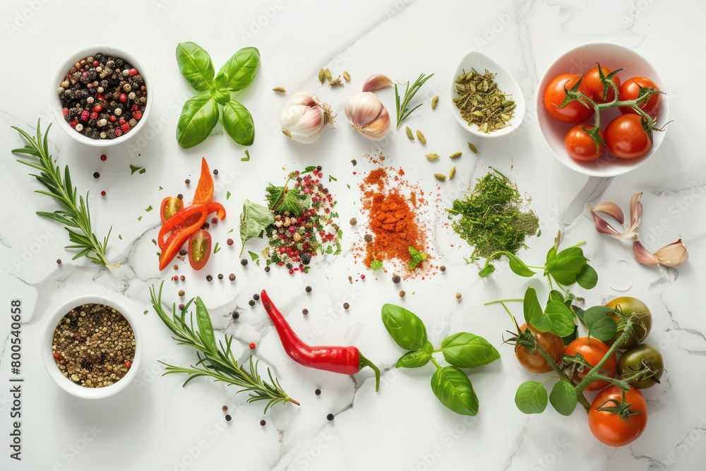 vegetables and spices with a white frame, nice setting with a white marble background vegetables and spices with a white frame, nice setting with a white marble background
