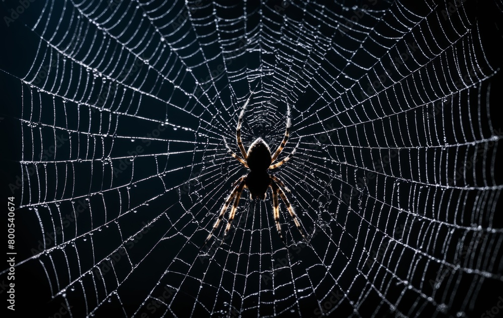 Fototapeta premium spider on the web with dew drops in the dark night