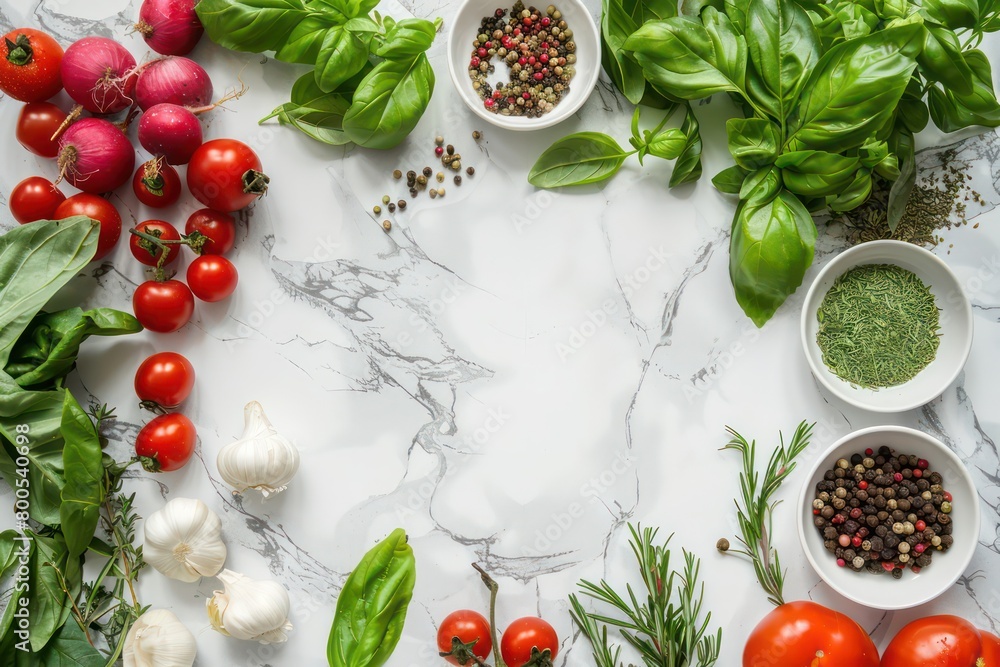 vegetables and spices with a white frame, nice setting with a white marble background vegetables and spices with a white frame, nice setting with a white marble background