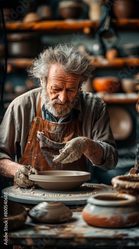 Focused man creating clay bowl on wheel in workshop