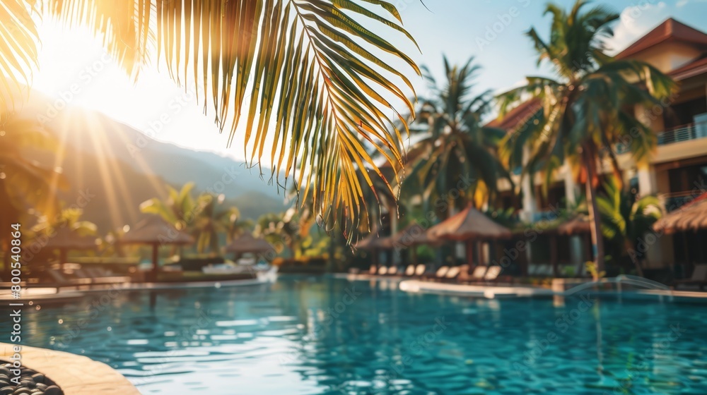   A large swimming pool nestled next to a resort Palm trees line the foreground In the background, a tall hotel stands