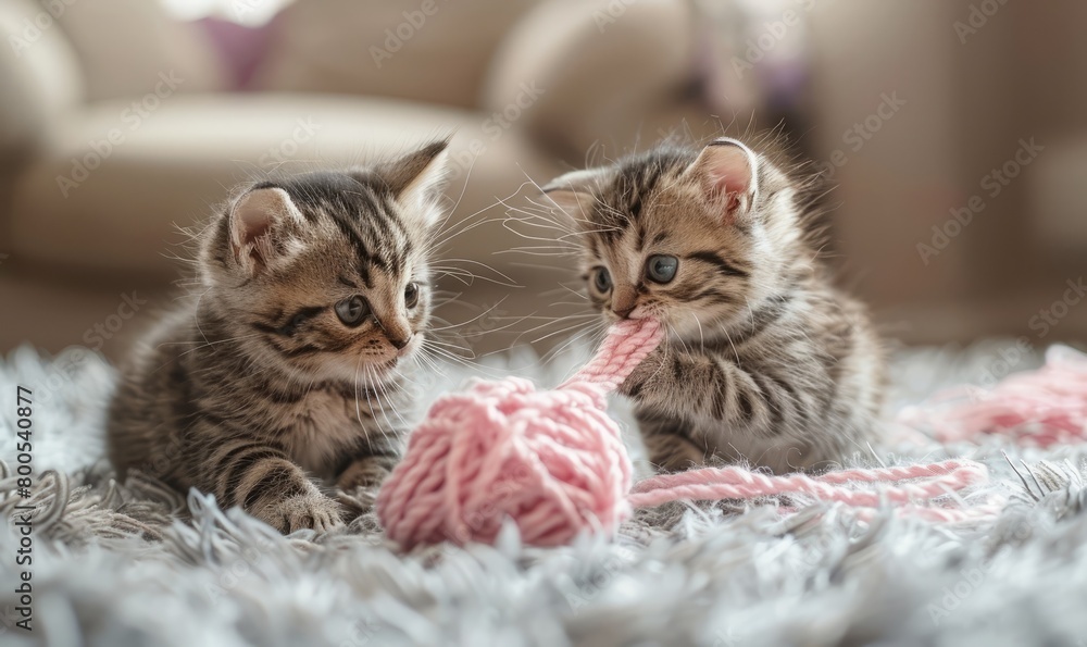 Cute Kittens Playing with Pink Yarns in the Living Room