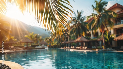  A large swimming pool nestled next to a resort Palm trees line the foreground In the background, a tall hotel stands