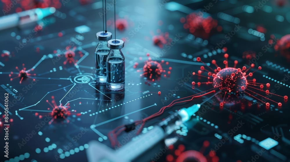 A digital representation of a computer chip with a glowing green circuit board and red virus-like spheres. A digital representation of a computer chip with a glowing green circuit board and red virus-like spheres.