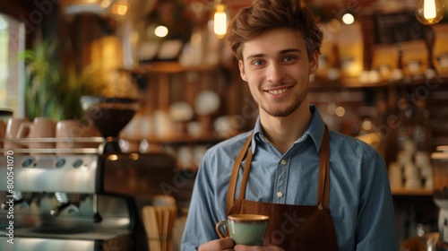 Smiling Barista Offering Coffee Cup photo