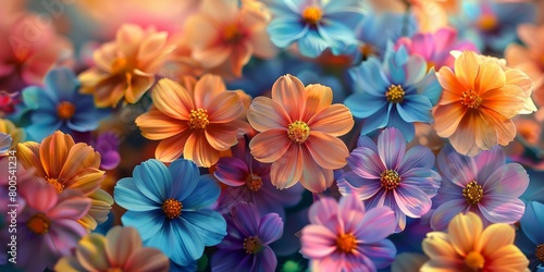 Background of colorful blossoming flowers with gentle petals and pleasant aroma growing in garden.