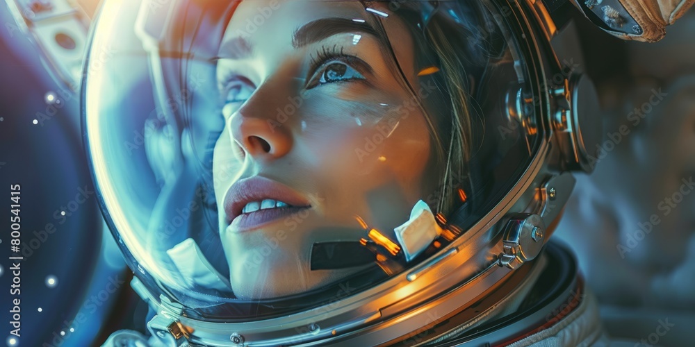 Astronaut woman with helmet looking up. Astronaut woman with helmet looking up.