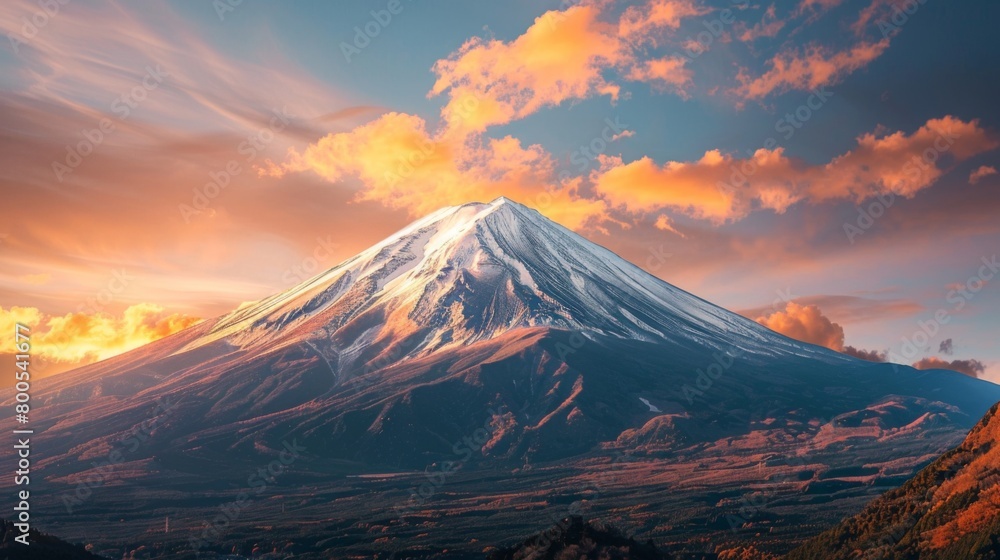 Fototapeta premium A close-up shot of Mount Fuji's snow-capped peak illuminated by the golden hues of sunset, radiating a sense of tranquility and awe.