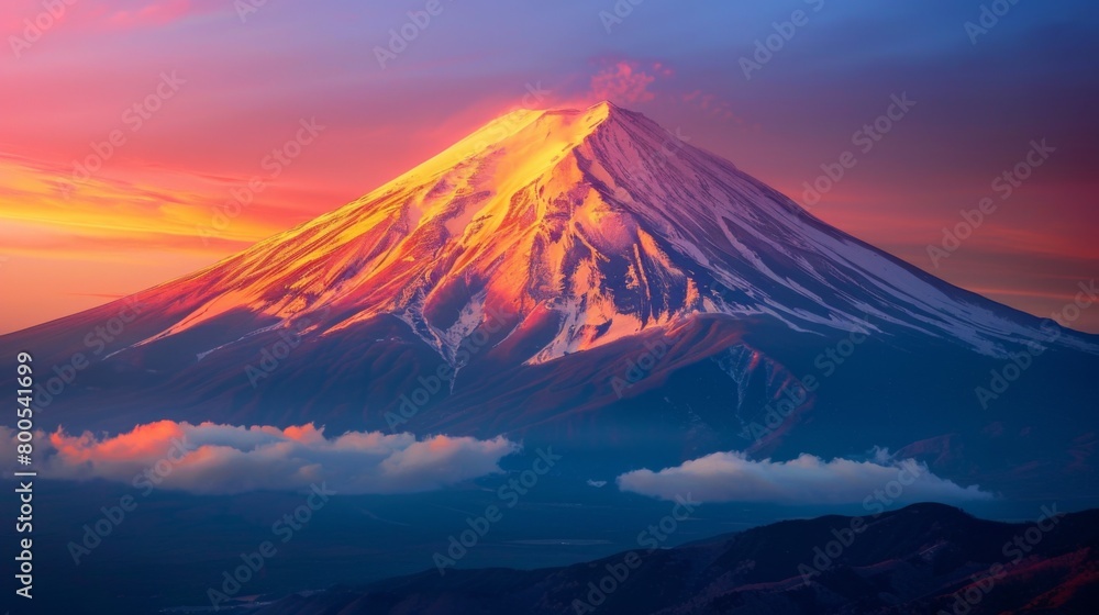 A close-up shot of Mount Fuji's snow-capped peak illuminated by the golden hues of sunset, radiating a sense of tranquility and awe.
