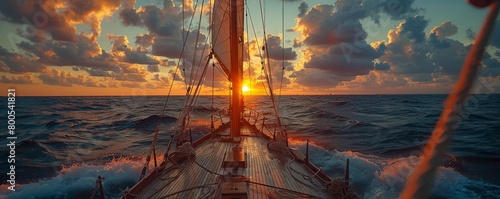 scenic view of sailboat with wooden deck and mast with rope floating on rippling dark sea against cloudy sunset sky photo