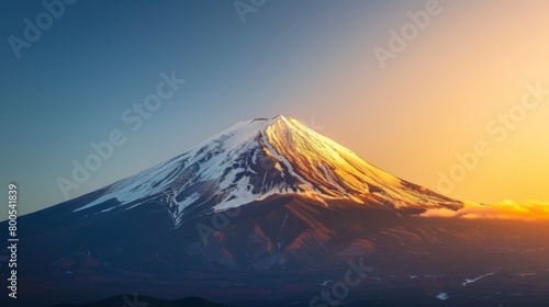 A close-up shot of Mount Fuji s snow-capped peak illuminated by the golden hues of sunset  radiating a sense of tranquility and awe.