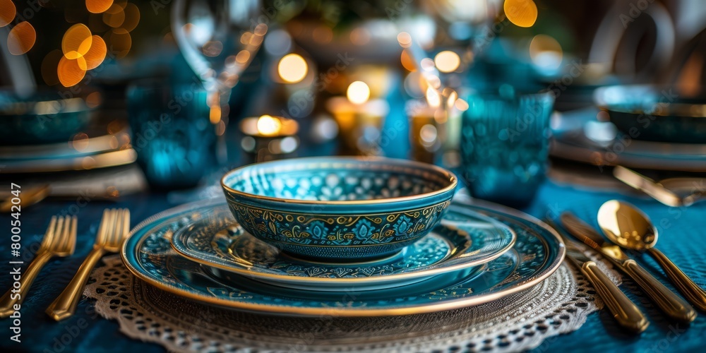 Elegant teal table setting with stylish dinnerware Elegant teal table setting with stylish dinnerware