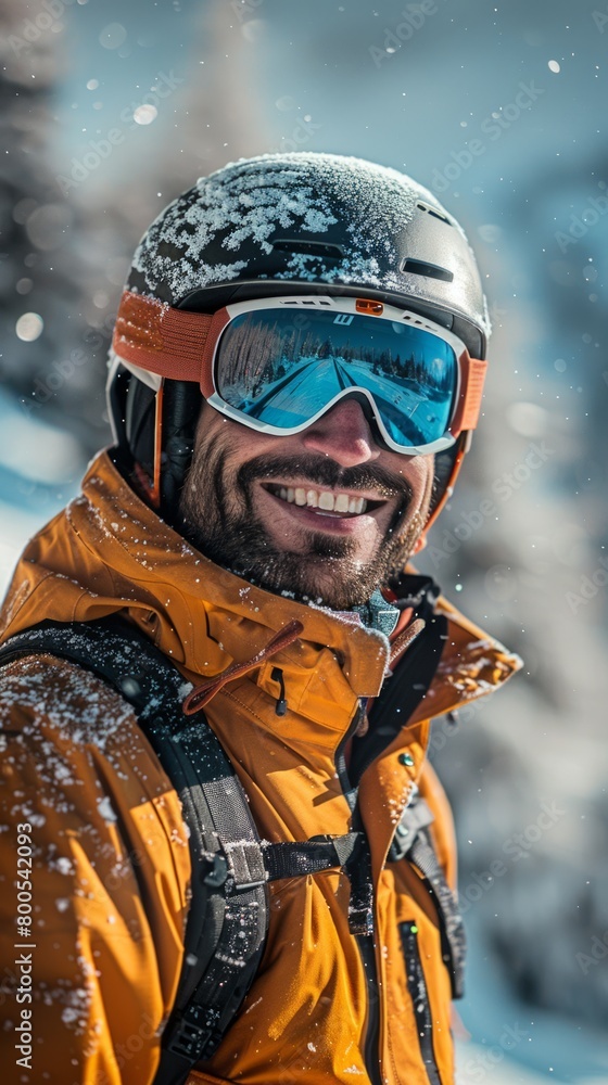Portrait of happy man while up on ski slope, wearing helmet and goggles Portrait of happy man while up on ski slope, wearing helmet and goggles
