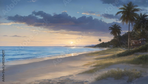 Evening beach vista, A tranquil view of the shoreline as day transitions to night.