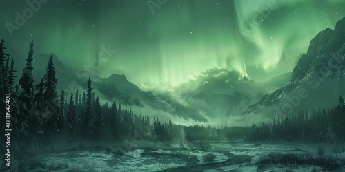 Green Aurora Sky over Snow covered Landscape.