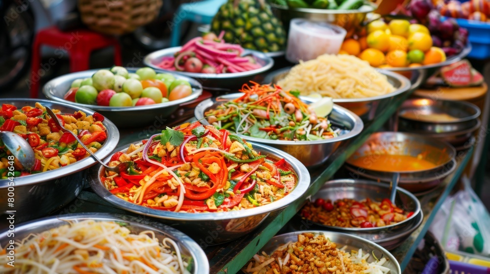 A colorful spread of Thai street food, featuring som tam alongside other delicious culinary delights.