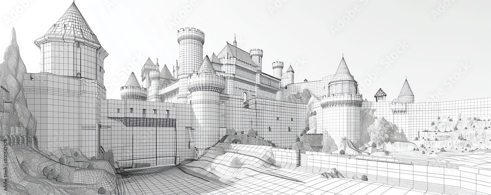 Historic castle mesh wireframe with focus on defensive structures and layout