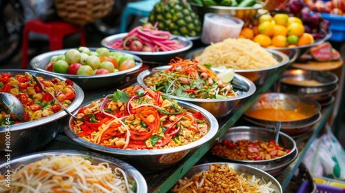 A colorful spread of Thai street food, featuring som tam alongside other delicious culinary delights. photo