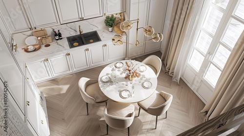 a white kitchen with a round dining table and beige chairs, while a bird's eye view, beige walls, white cabinets, golden accents, and beige curtains, epitomizing contemporary elegance and simplicity.