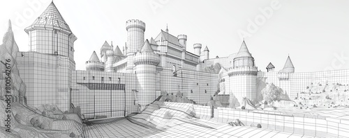 Historic castle mesh wireframe with focus on defensive structures and layout