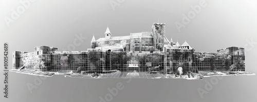 Historic castle mesh wireframe with focus on defensive structures and layout