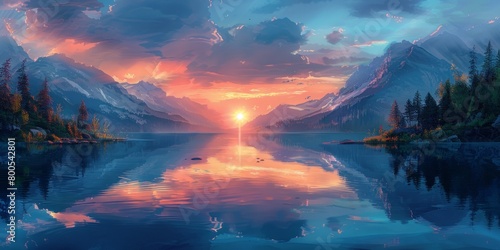 sunset in the mountains at a calm lake that creates a perfect reflection © Павел Озарчук