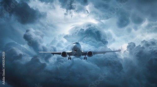 A commercial airliner flying through a dramatic storm cloud, demonstrating the resilience and safety of modern aircraft in adverse weather conditions.