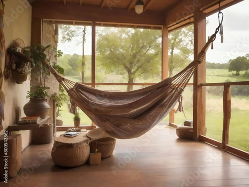 Hammock hideaway, Drifting away in relaxation amidst the countryside charm. photo