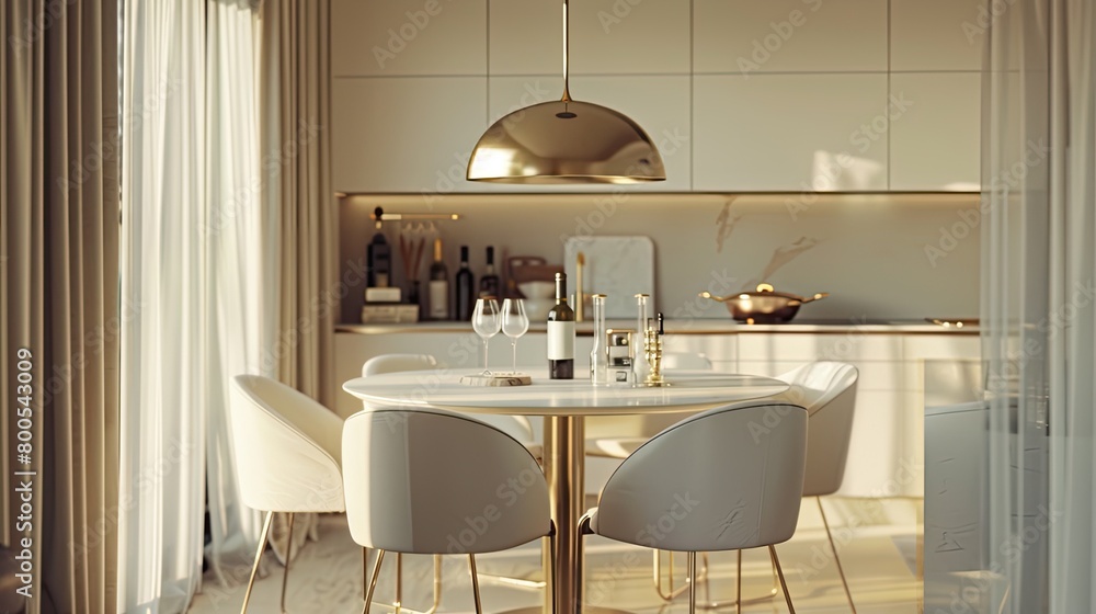 a white kitchen with a round dining table and beige chairs, while a bird's eye view, beige walls, white cabinets, golden accents, and beige curtains, epitomizing contemporary elegance and simplicity. a white kitchen with a round dining table and beige chairs, while a bird's eye view, beige walls, white cabinets, golden accents, and beige curtains, epitomizing contemporary elegance and simplicity.