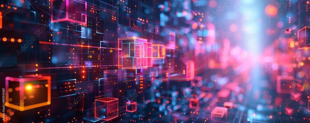 Generative AI abstract illustration of geometric shapes and structures in colorful neon colors and lights in cyberspace against dark background Generative AI abstract illustration of geometric shapes and structures in colorful neon colors and lights in cyberspace against dark background