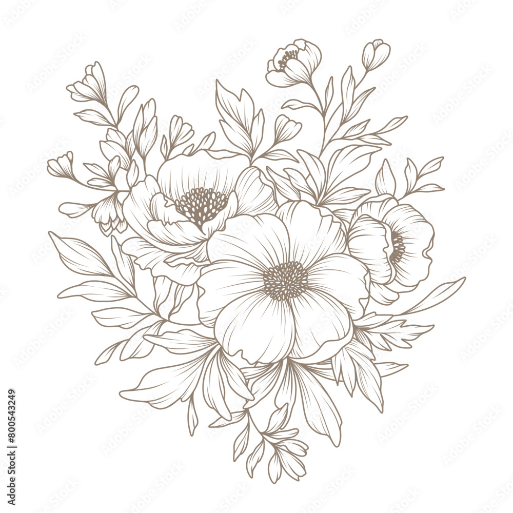 Hand drawn floral pattern in line art style. Bouquet of flowers, branches and leaves. Vector illustration with elegant botanical decorative elements Hand drawn floral pattern in line art style. Bouquet of flowers, branches and leaves. Vector illustration with elegant botanical decorative elements