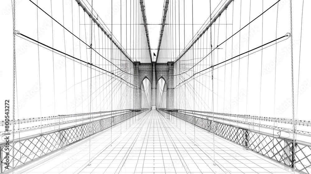 Naklejka premium Interactive mesh wireframe of a suspension bridge, focusing on cables and towers