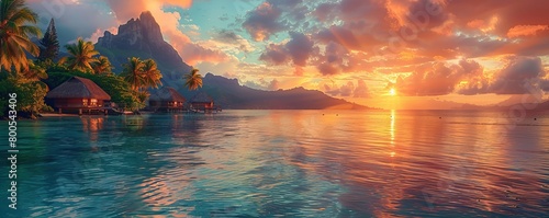 Paradise get-away Environment in Bora Bora. Tourism wallpaper with Majestic Sunrise Beach. #800543406