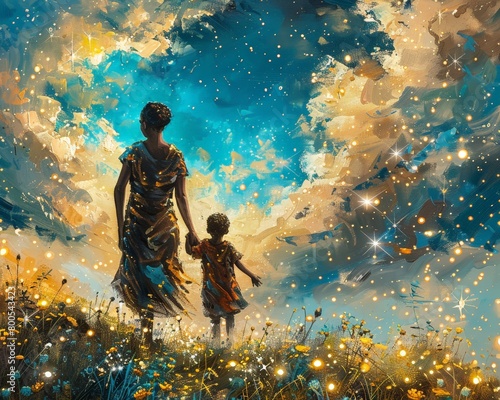 Fantasy art concept mother and child walking sparkles love 