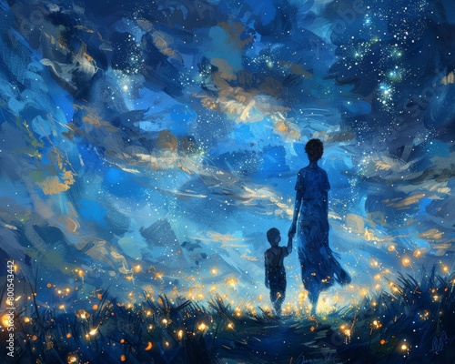 Fantasy art concept mother and child walking sparkles love 