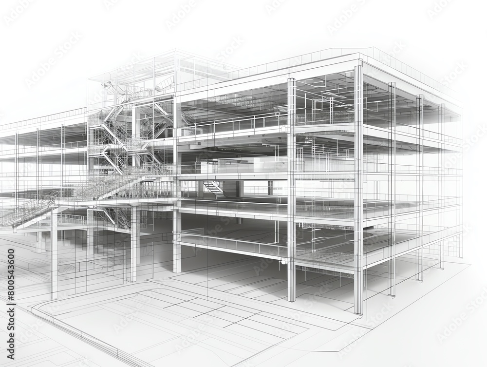 Layered mesh wireframe of a multistory parking garage, highlighting ramps and spaces Layered mesh wireframe of a multistory parking garage, highlighting ramps and spaces