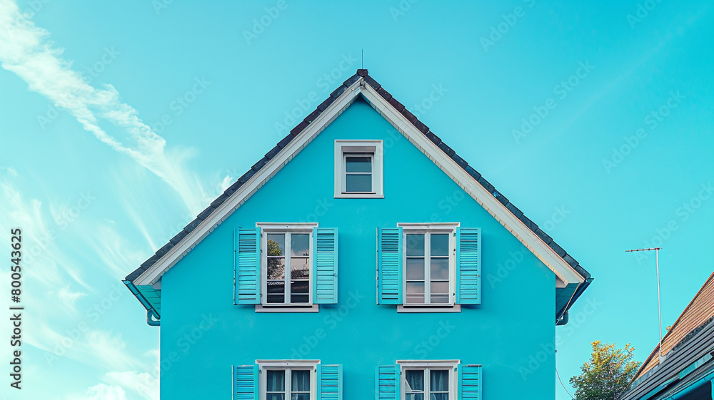 A blissful sky blue house with traditional windows and shutters blends harmoniously into the suburban setting, mirroring the clear blue sky above on a tranquil day. A blissful sky blue house with traditional windows and shutters blends harmoniously into the suburban setting, mirroring the clear blue sky above on a tranquil day.
