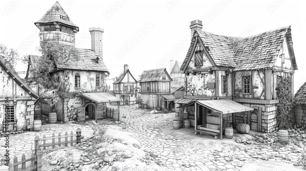 Medieval village mesh wireframe with cottages, a market, and a mill