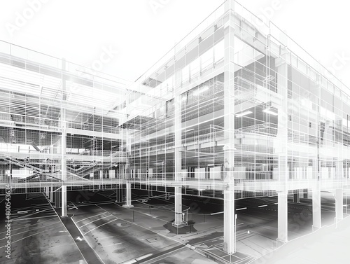 Layered mesh wireframe of a multistory parking garage, highlighting ramps and spaces photo