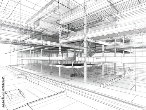 Layered mesh wireframe of a multistory parking garage, highlighting ramps and spaces