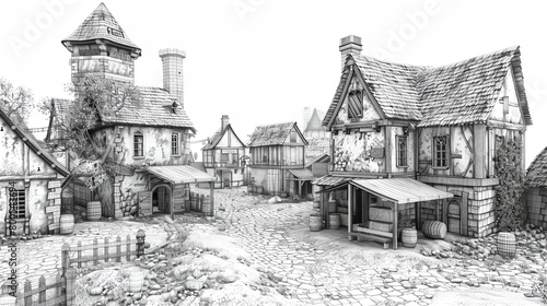 Medieval village mesh wireframe with cottages  a market  and a mill