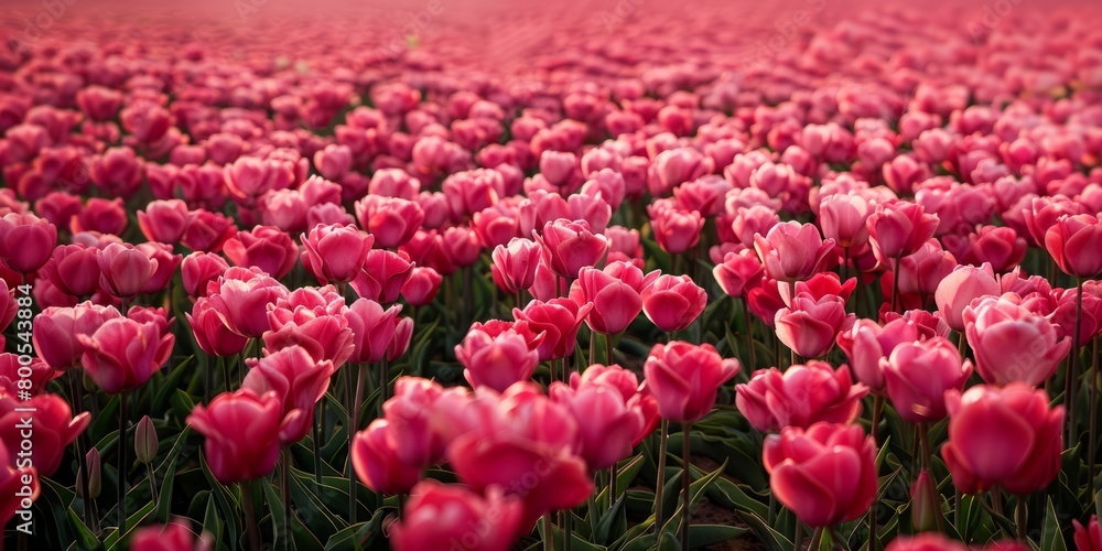 Endless rows of blooming pink tulips create a striking patter Endless rows of blooming pink tulips create a striking patter
