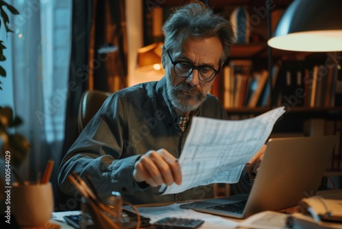 Serious and focused financier accountant on paper work inside office, mature man using calculator and laptop for calculating reports and summarizing accounts, businessman at work in, Generative AI photo
