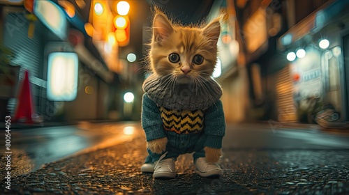 an orange kitten donning jeans and white sneakers, standing on a Japanese street at night, clad in a knitted sweater, sporting bright yellow eyes, striking a cute pose. photo