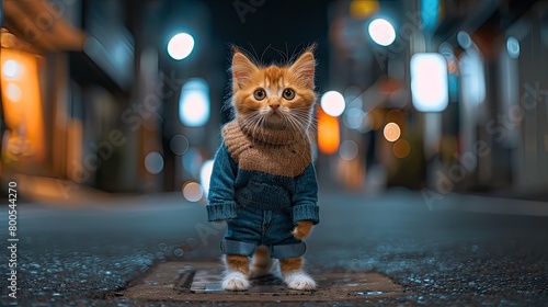 an orange kitten donning jeans and white sneakers, standing on a Japanese street at night, clad in a knitted sweater, sporting bright yellow eyes, striking a cute pose.