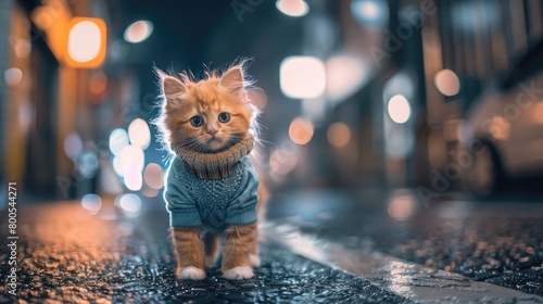 an orange kitten donning jeans and white sneakers, standing on a Japanese street at night, clad in a knitted sweater, sporting bright yellow eyes, striking a cute pose.