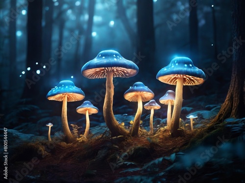 Mystical forest at night with whimsical glowing mushrooms and moon light in blue color