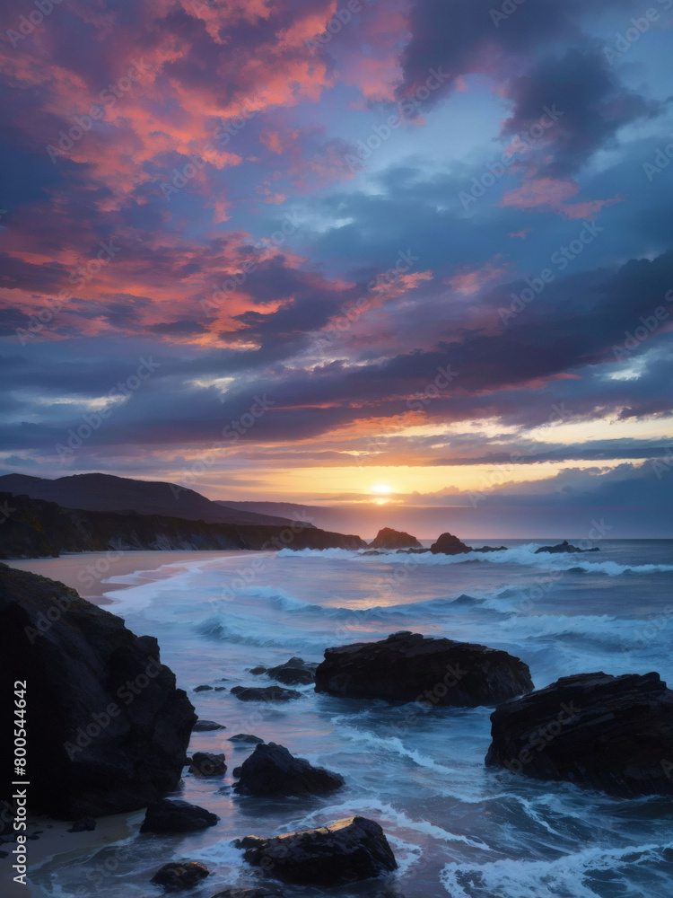 Oceanic dusk spectacle, Nature's stunning show as day fades into night on the coast.